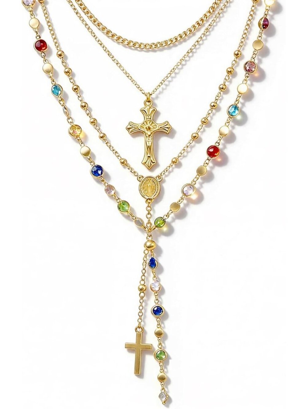 4PCS Layered Gold Cross Necklaces for Women Trendy, Bohemian Bead Pearl Y Long P